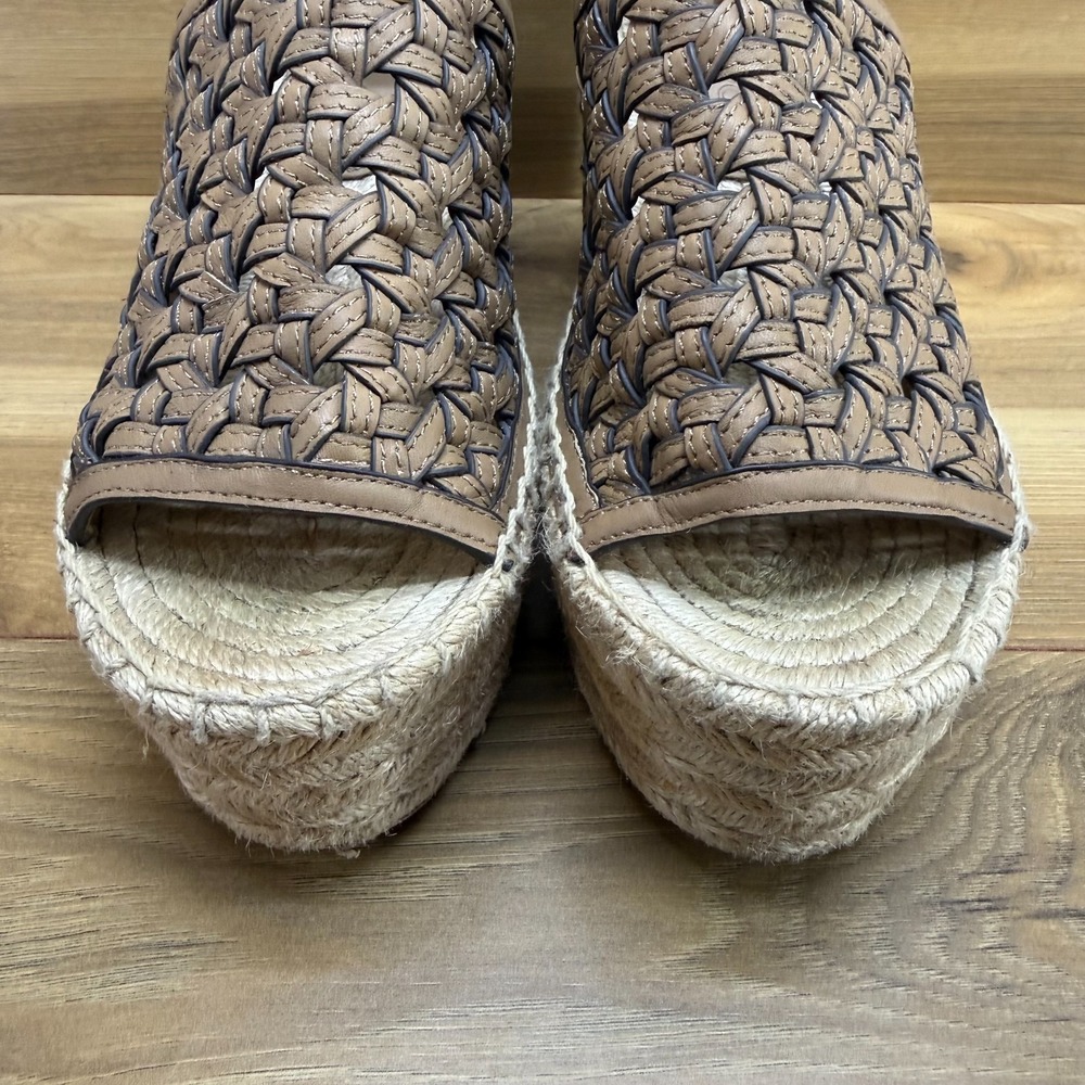 Tory Burch Basketweave Platform Wedge Sandals 8 M Almond Flour Ankle Strap - Picture 3 of 12